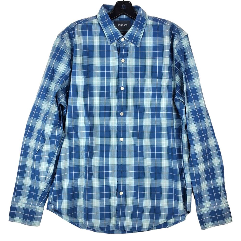 BONOBOS Shirt Mens Large Blue Plaid Slim Fit Casual Button Down Preppy Metro